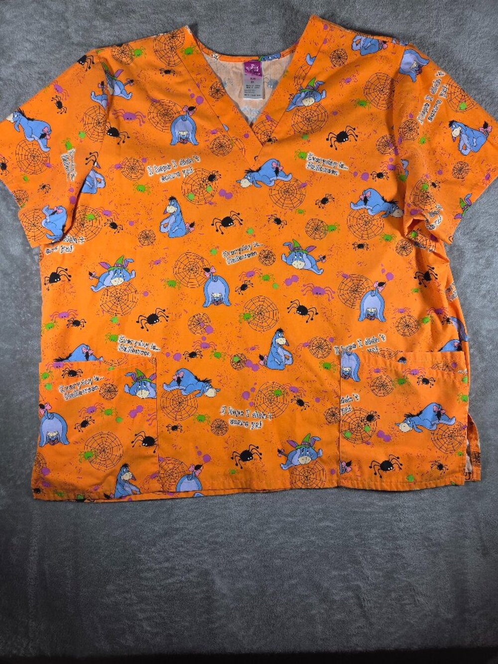 Disney Halloween Eeyore Scrub Top Size 2X Orange Spooky Spiderweb